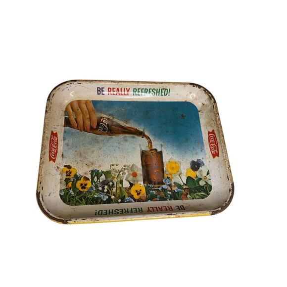 Vintage 1961 Coca Cola "Be Really Refreshed" Pansy Flower Metal Serving Tray - Picture 2 of 7